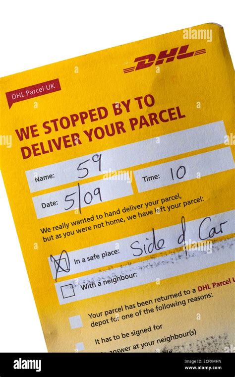 dhl parcel uk delivery card set  white background  stopped   deliver  parcel stock