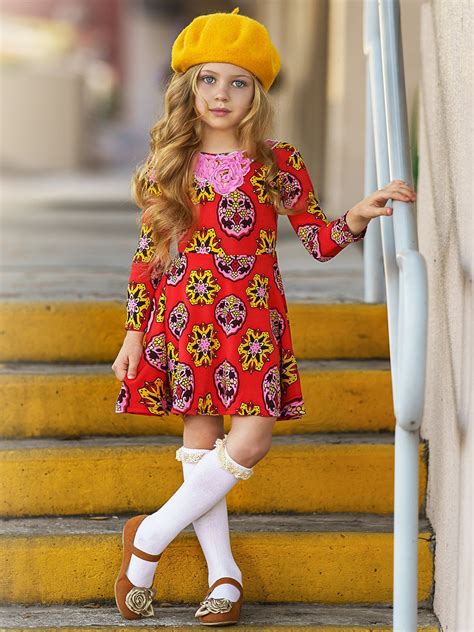 girls floral long sleeve scoop  dress  bow cute girl dresses  girl dresses