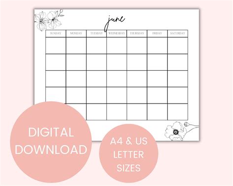 printable blank calendar  month calendar downloadable etsy