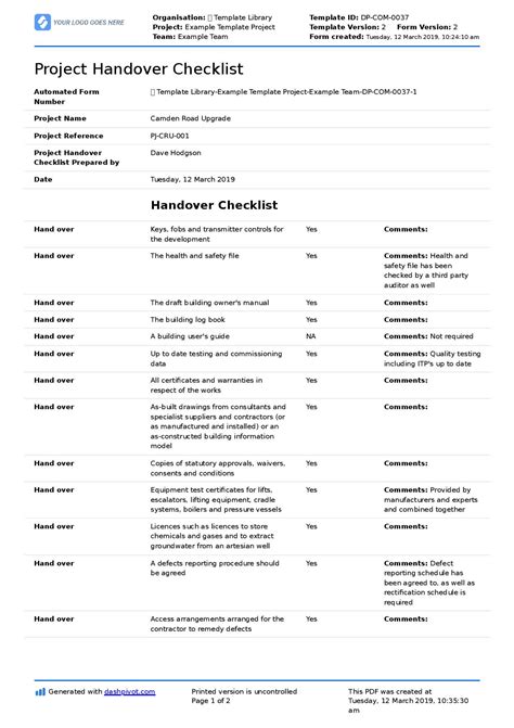 construction project handover checklist template   excel