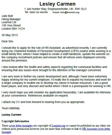 hr assistant job application letter gotilo