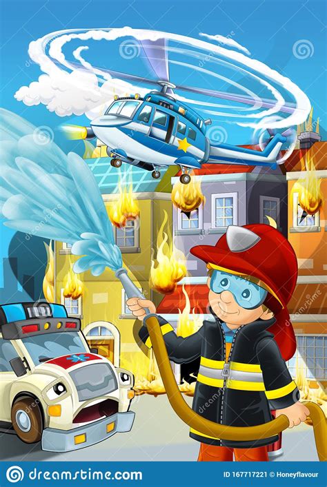 Cartoon Stage With Fireman Fire Fighting Near Some