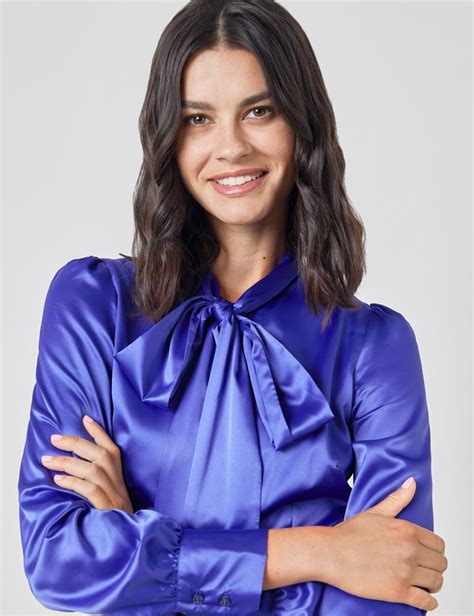 plain satin women s fitted blouse with single cuff and pussy bow in