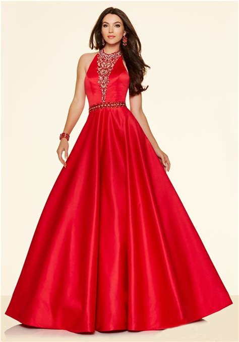 sexy a line halter backless long red satin beaded prom dress
