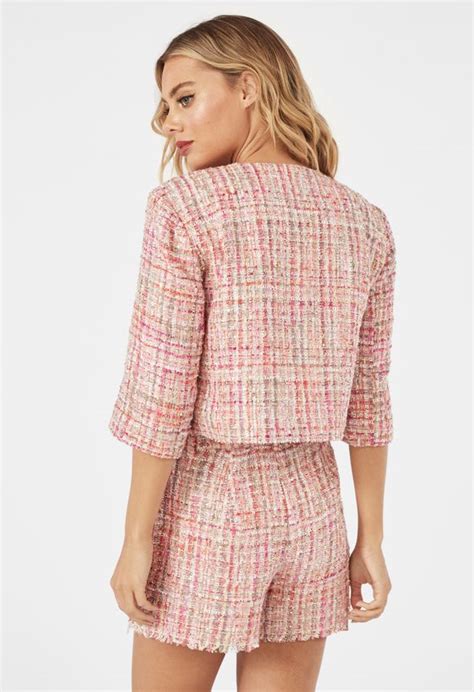 tweed crop jacket clothing in pink multi get great deals at justfab