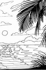 Coloring Beach Pages Sunset Sunrise Ocean Adult Stencil Scene Drawing Palm Scenery Natural Tree Colouring Color Printable Glass Adults Pattern sketch template