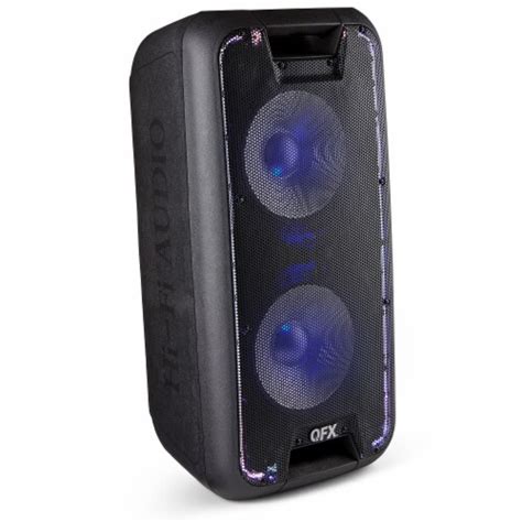 qfx pbx  bluetooth dual   rechargeable woofer speaker  led lights  piece frys