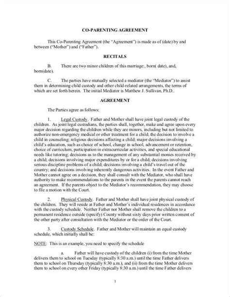 parenting agreement examples samples   ms word