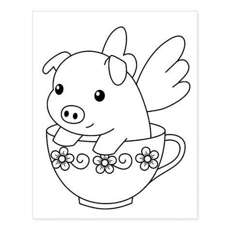 flying pig   teacup coloring page rubber stamp zazzlecom