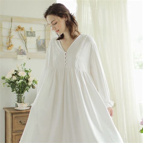 buy new white cotton long nightgowns for women v neck