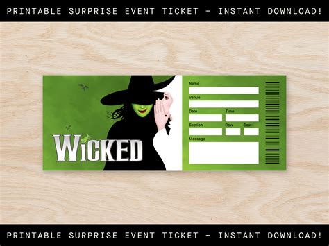 printable wicked broadway ticket surprise musical collectible theater ticket editable musical
