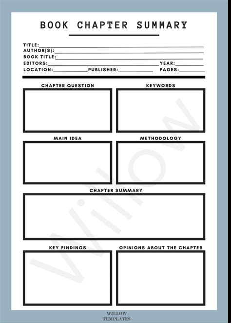 book chapter summary template digital printable etsy