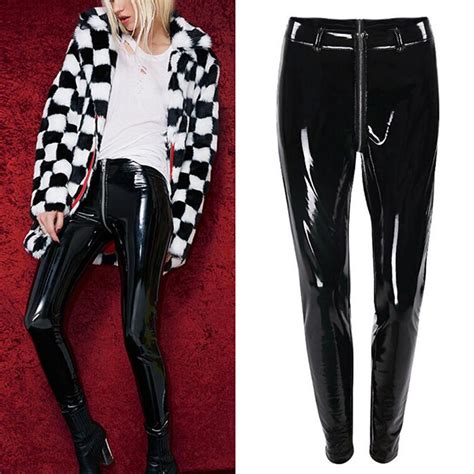 latex rubber pants sexy shiny pu leather leggings with back zipper push