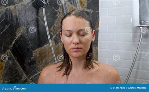 Woman Under Stream Of Water In Shower Room Stock Video Video Of Head