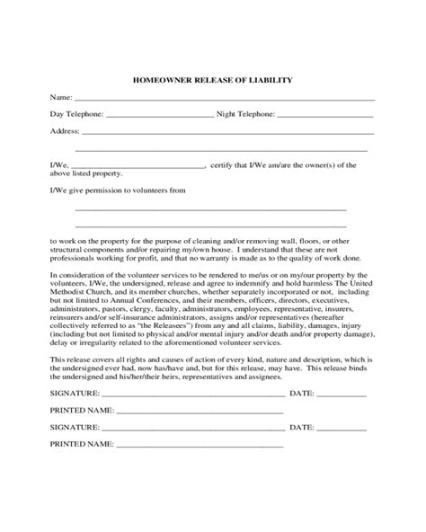 homeowner liability waiver form fillable printable  forms