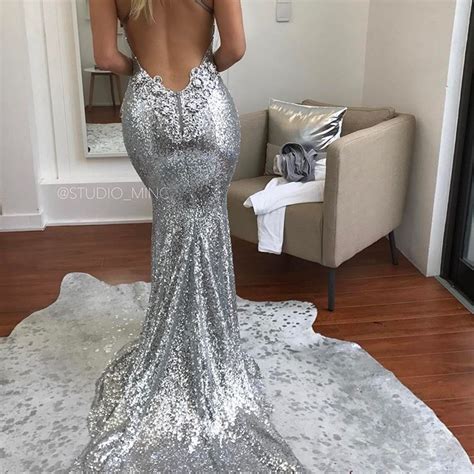 new fashion silver sequin v neck prom dress sexy backless