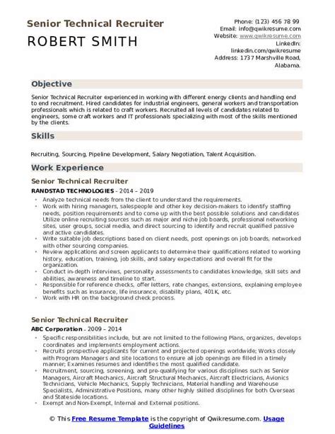 senior technical recruiter resume samples qwikresume