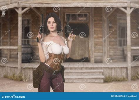 young beautiful female gunslinger posing    western saloon holding  revolver