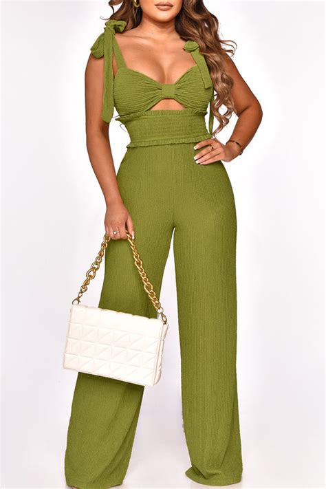 Green Sexy Casual Solid Bandage Hollowed Out Backless Spaghetti Strap