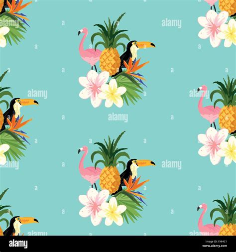 seamless tropical theme background   toucan flamingo