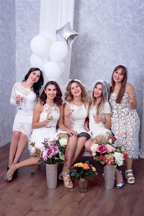 Happy Girls Having Fun Drinking With Champagne On Party Concept Of