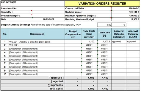 variation order vao register construction documents  templates