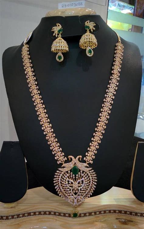 Imitation Gold White Stone Long Necklace Set ~ South India Jewels
