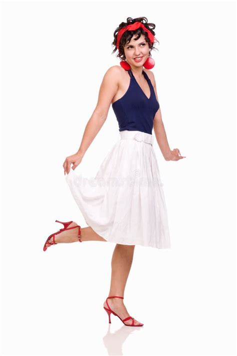 Brunette Pin Up Girl Wearing White Skirt And Stock Image Image Of
