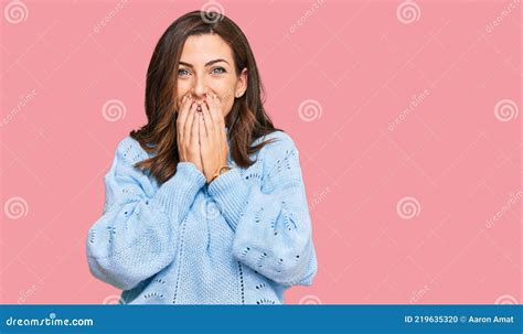 Young Brunette Woman Wearing Casual Winter Sweater Laughing And