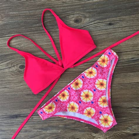 women summer bikini red pink flower sexy two piece swimwear set in