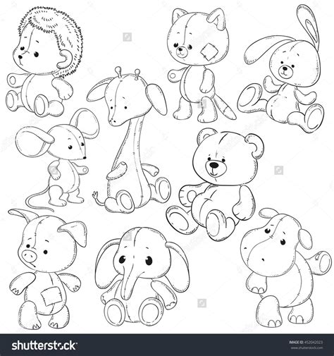 collection  stuffed animals soft toys coloring books vector doodle
