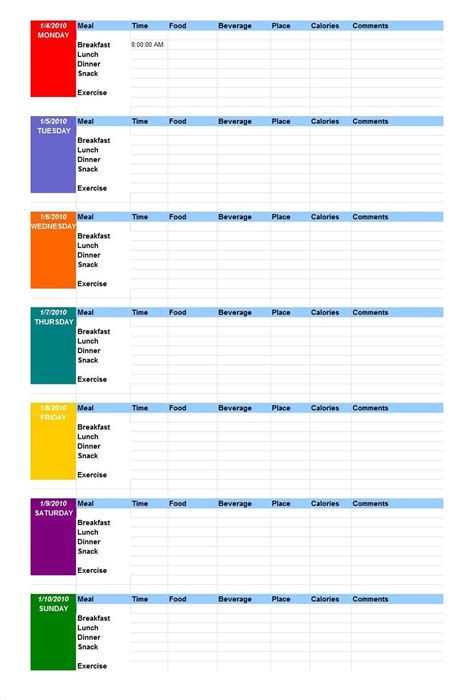 printable food log template printable templates