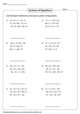solving systems  equations worksheets   variables