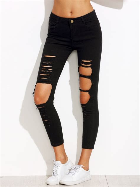 black distressing ripped knees jeans  images cropped skinny
