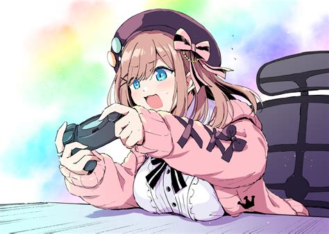 aqua eyes blush bow breasts brown hair cat smile game console hat