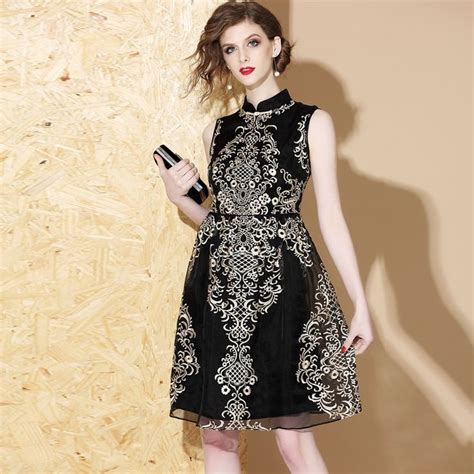 gorgeous embroidery silk qipao cheongsam dress black sleeveless skater dress dresses women