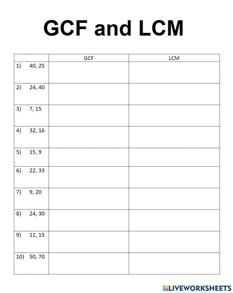 gcf  lcm  worksheets