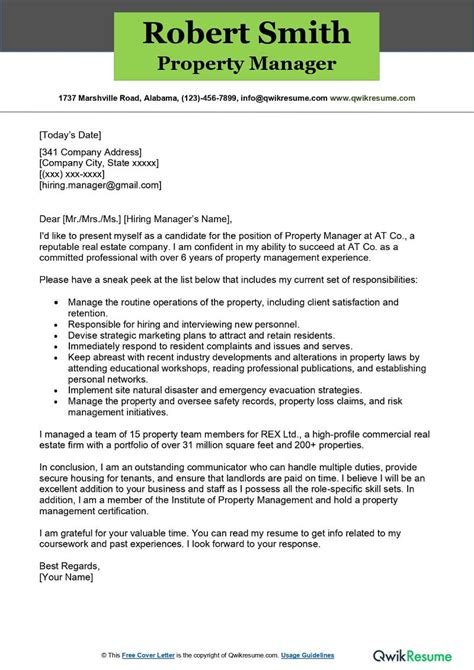 property manager cover letter examples qwikresume