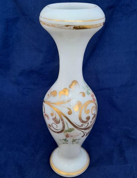 Antique Bohemian Opaline Opaque White Glass Vase Roses And Gilded