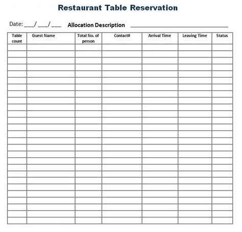 reservation log templates   printable word excel samples
