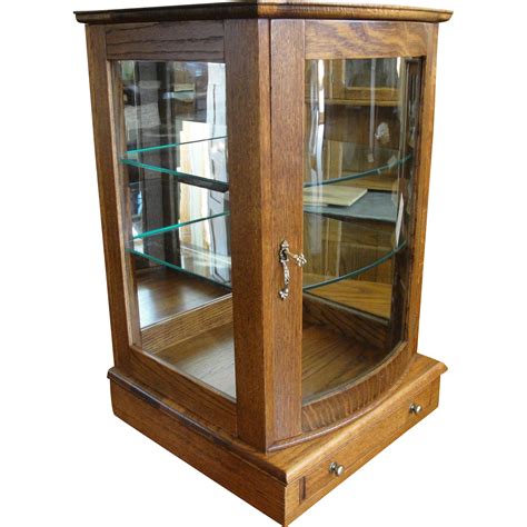 Small Oak Table Top Display Case With Curved Glass Door