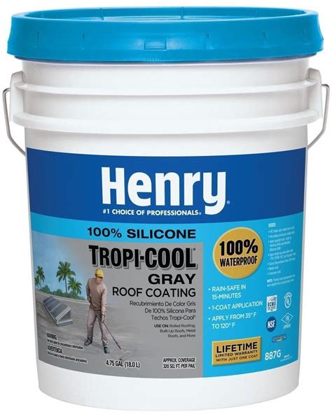 henry roof coating  gal  tropi cool water resistant  silicone gray paints