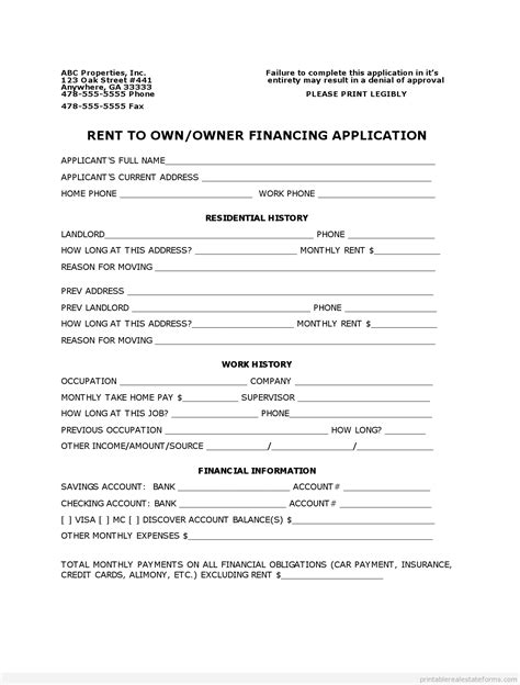 owner financing agreement printable  blank form