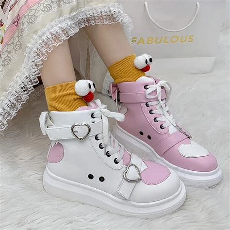 designer women cute sneaker student high top heart pink shoes girls thick heels white leather
