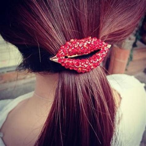 hot sales fashion korean cute girls hair clip full red rhinestone lip