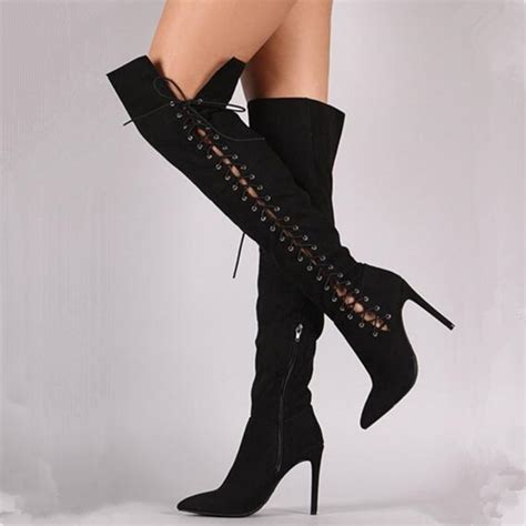 corset lace up stiletto boots pointy toe high heels shoes woman black
