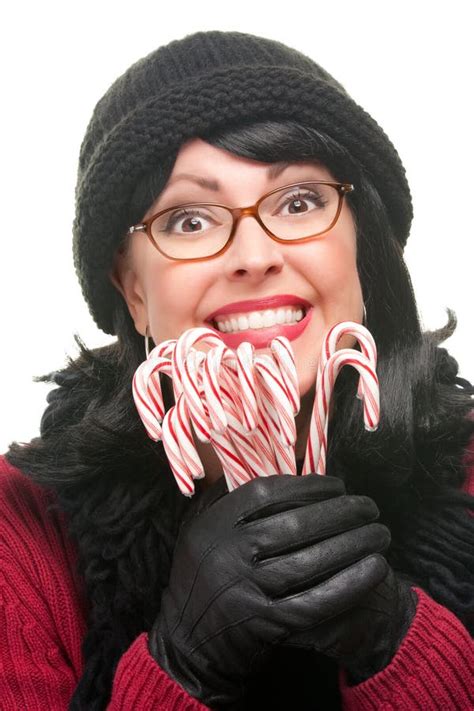 Pretty Woman Holding Candy Canes Stock Image Image Of Canes Isolated