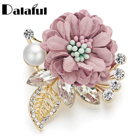 Dalaful Flower Brooches Leaves Crystal Rhinestone Simulated Pearl For