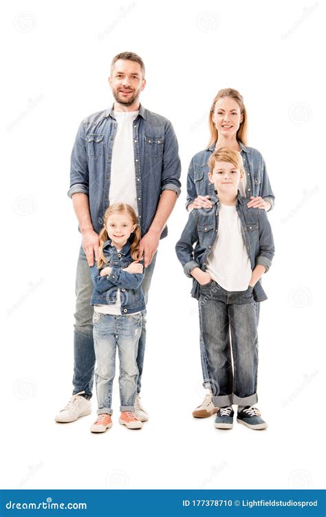 full length view  happy smiling family  jeans stock photo image  casual kids