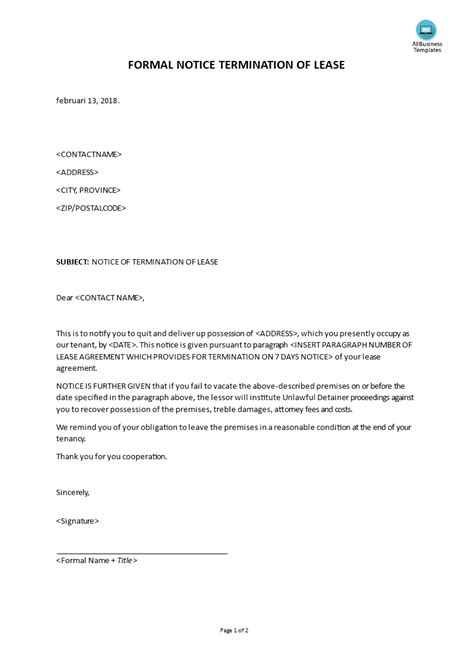 formal letter landlord notice  termination lease templates